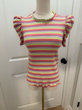 Striped Ribbed Puff Sleeve Top in Pastel Rainbow